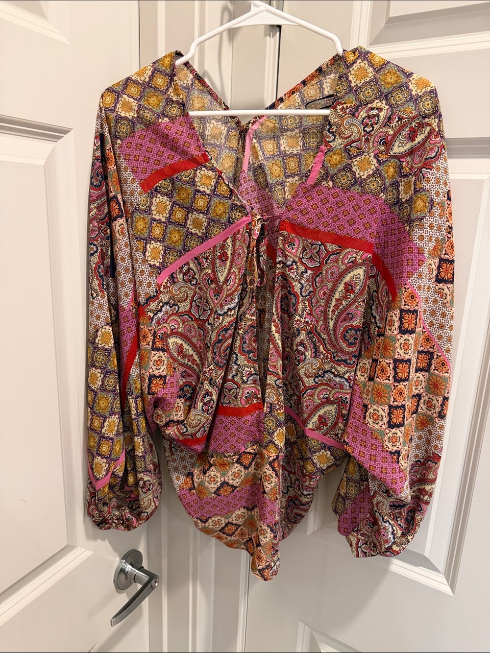 Aakaa Pink Multi-Print Patchwork Peasant Blouse